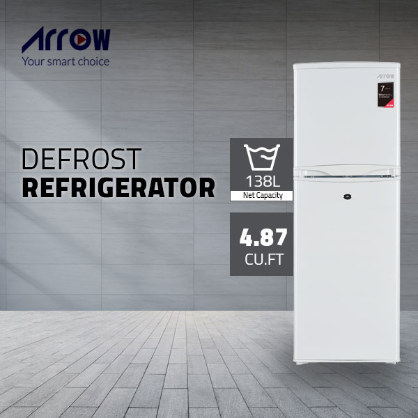 ARROW 138 LTR DOUBLE DOOR Refrigerator, 4.87 CU.FT | DEFROST Refrigerator| White color | Energy Saving | Inside LED lighting | 7 years Compressor warranty | Model Name: RO2-220L/210