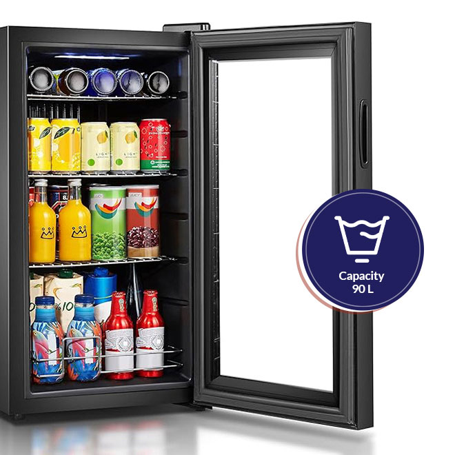 ARROW 90L COOLING CABINET REFRIGERATOR | Full glass Panel material|3 Shelf Wire | Mechanical Control system |Outside Evaporator |Black Color |Fan cooling Cooling system |LED Interior Light | Model Name: RO-110SCK