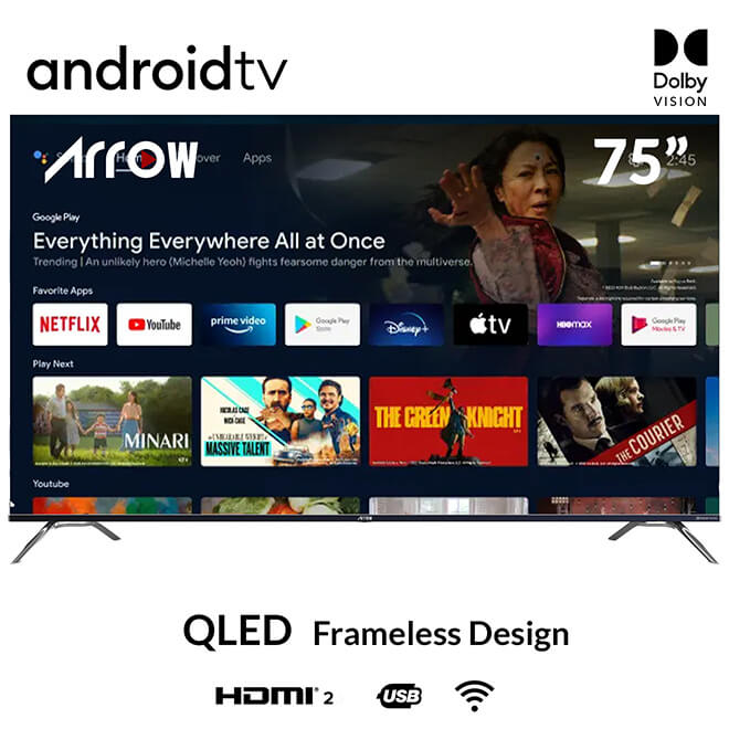 ARRQW 75 INCH QLED 4K GOOGLE TV Frameless Design RO-75LCQ